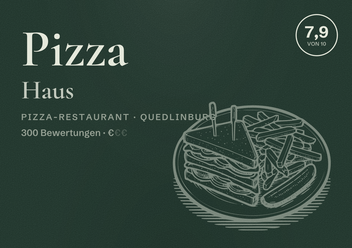 Illustriertes Poster von Pizza Haus, Pizza-Restaurant in Quedlinburg: Bewertung 7,9 von 10 aus 300 Bewertungen, Preisniveau €