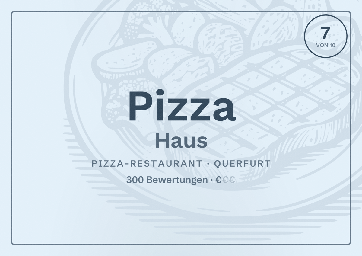 Illustriertes Poster von Pizza Haus, Pizza-Restaurant in Querfurt: Bewertung 7 von 10 aus 300 Bewertungen, Preisniveau €