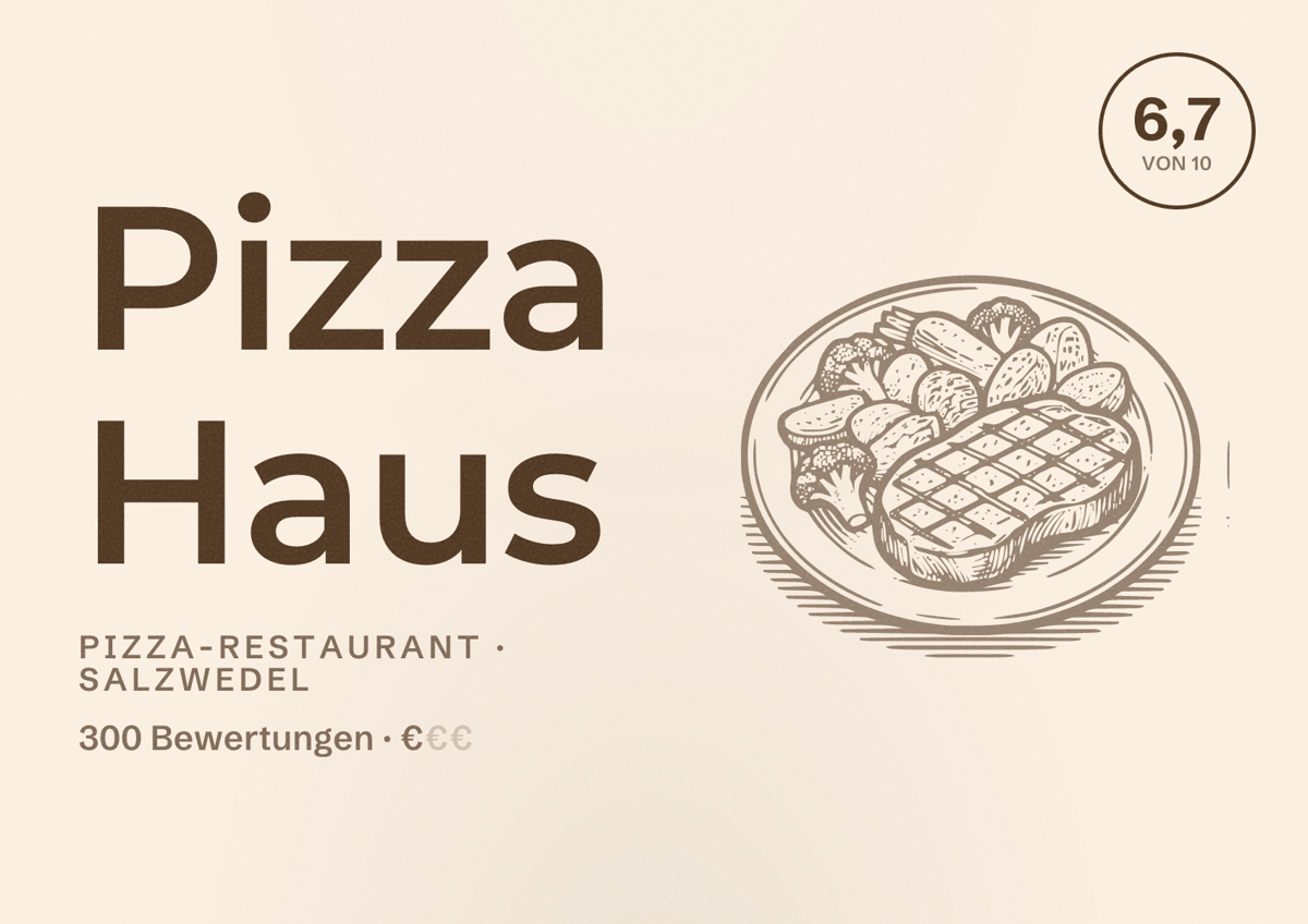 Illustriertes Poster von Pizza Haus, Pizza-Restaurant in Salzwedel: Bewertung 6,7 von 10 aus 300 Bewertungen, Preisniveau €