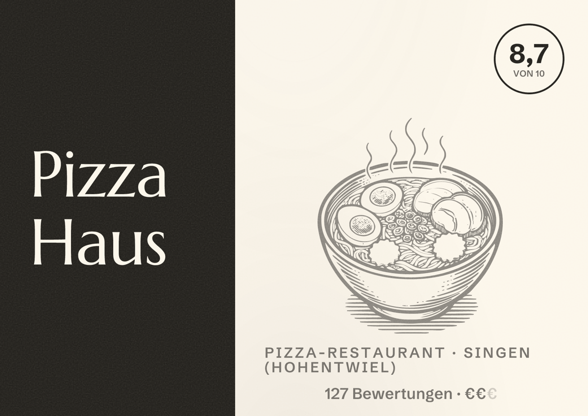 Illustriertes Poster von Pizza Haus, Pizza-Restaurant in Singen (Hohentwiel): Bewertung 8,7 von 10 aus 127 Bewertungen, Preisniveau €€