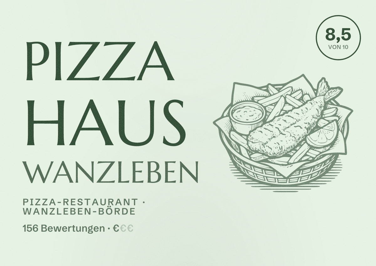 Illustriertes Poster von Pizza Haus Wanzleben, Pizza-Restaurant in Wanzleben-Börde: Bewertung 8,5 von 10 aus 156 Bewertungen, Preisniveau €