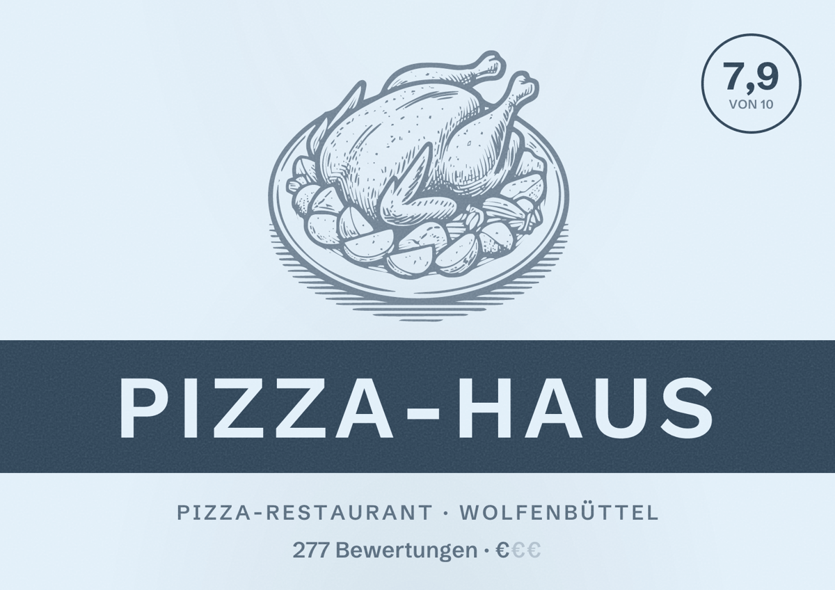 Illustriertes Poster von Pizza-Haus, Pizza-Restaurant in Wolfenbüttel: Bewertung 7,9 von 10 aus 277 Bewertungen, Preisniveau €