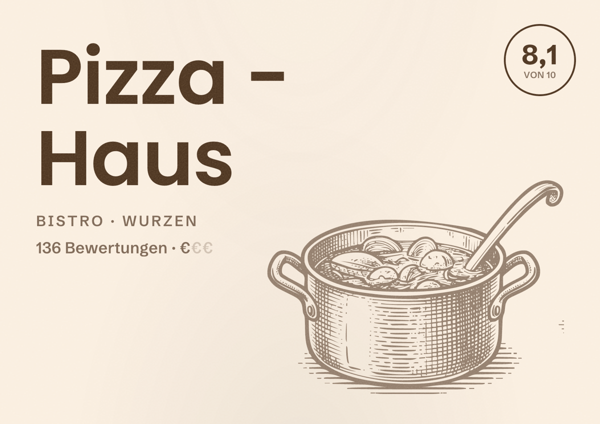 Illustriertes Poster von Pizza - Haus, Bistro in Wurzen: Bewertung 8,1 von 10 aus 136 Bewertungen, Preisniveau €
