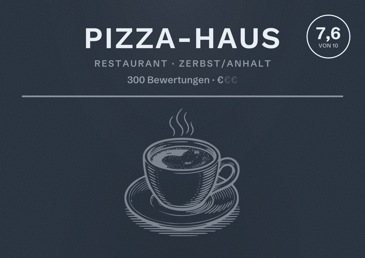 Illustriertes Poster von Pizza-Haus, Restaurant in Zerbst/Anhalt: Bewertung 7,6 von 10 aus 300 Bewertungen, Preisniveau €