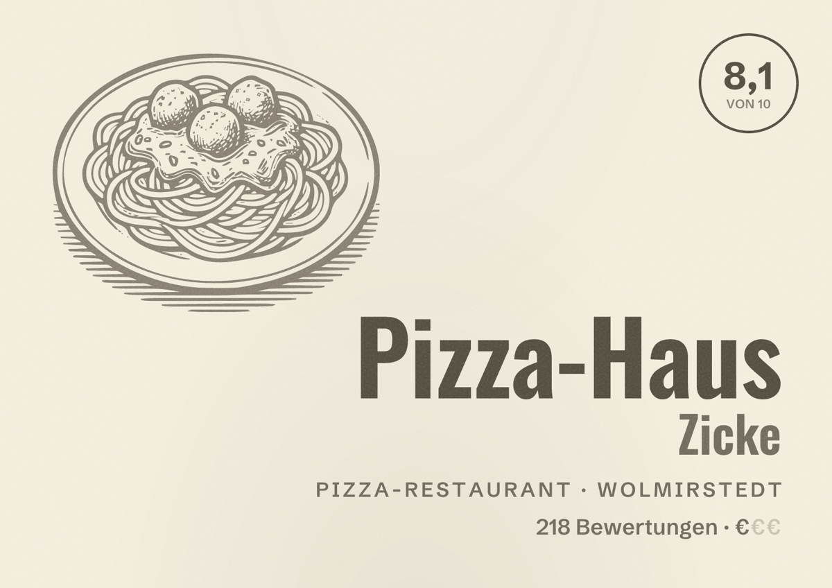 Illustriertes Poster von Pizza-Haus Zicke, Pizza-Restaurant in Wolmirstedt: Bewertung 8,1 von 10 aus 218 Bewertungen, Preisniveau €