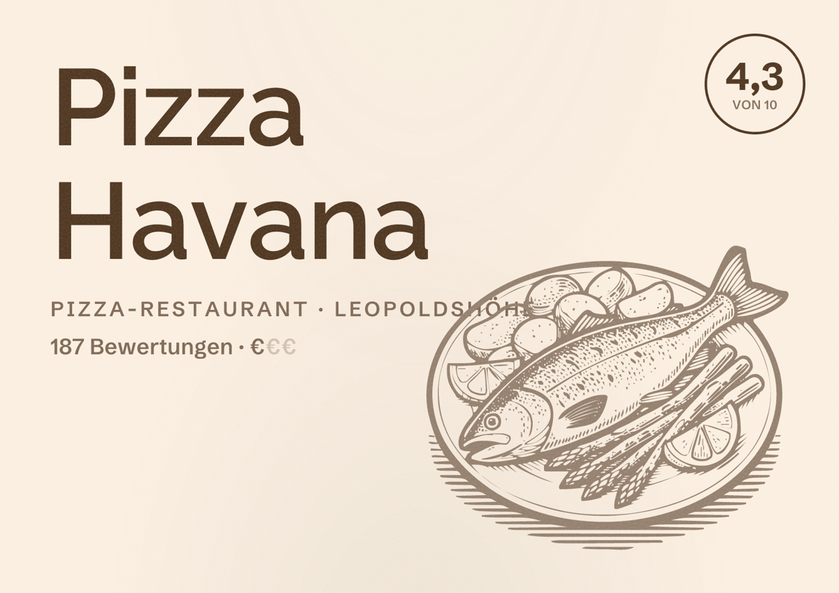 Illustriertes Poster von Pizza Havana, Pizza-Restaurant in Leopoldshöhe: Bewertung 4,3 von 10 aus 187 Bewertungen, Preisniveau €