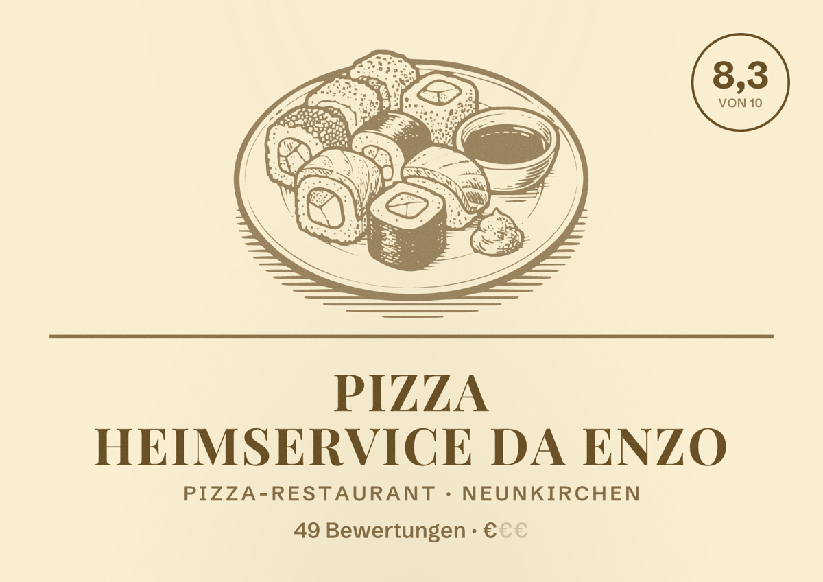 Illustriertes Poster von Pizza Heimservice Da Enzo, Pizza-Restaurant in Neunkirchen: Bewertung 8,3 von 10 aus 49 Bewertungen, Preisniveau €