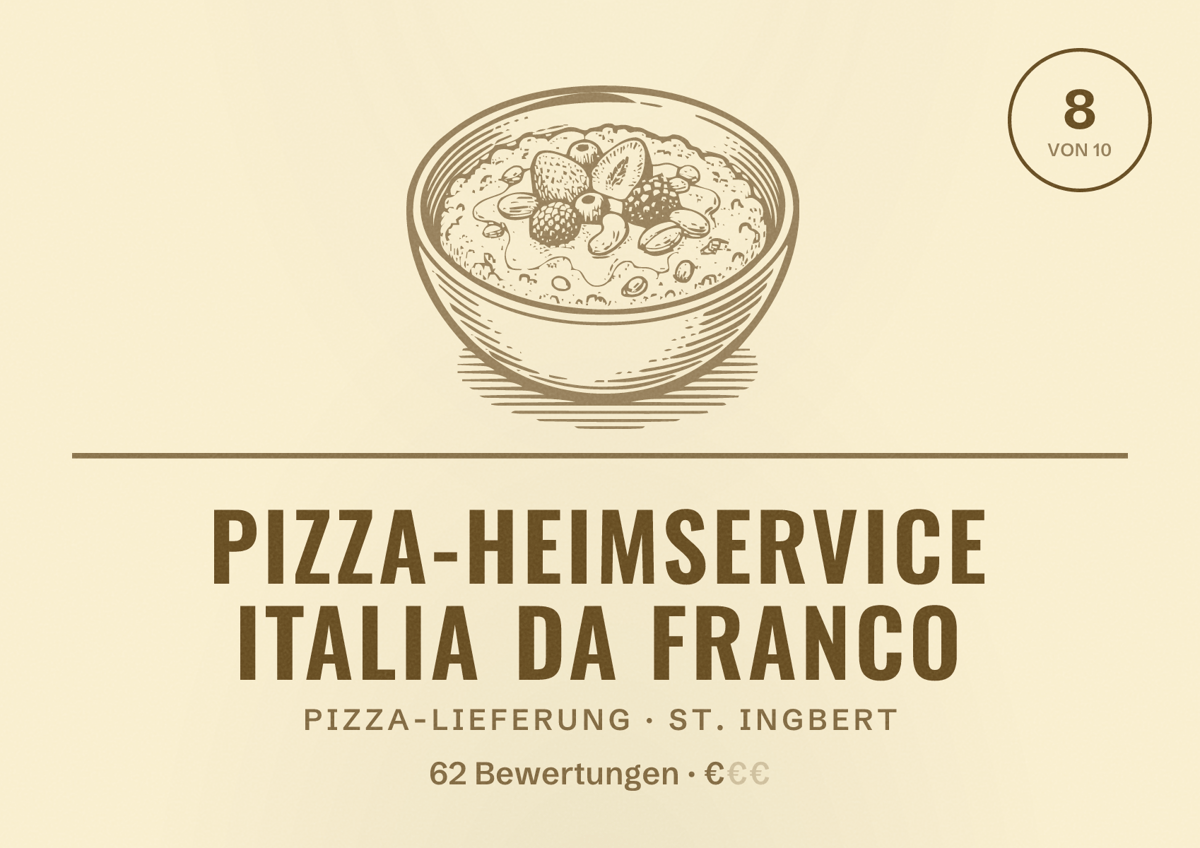 Illustriertes Poster von Pizza-Heimservice Italia Da Franco, Pizza-Lieferung in St. Ingbert: Bewertung 8 von 10 aus 62 Bewertungen, Preisniveau €