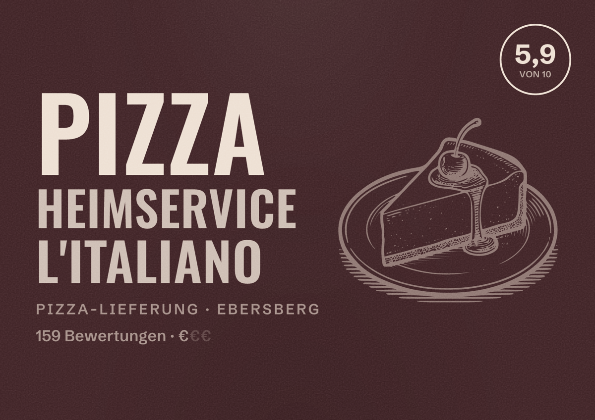 Illustriertes Poster von Pizza Heimservice L'italiano, Pizza-Lieferung in Ebersberg: Bewertung 5,9 von 10 aus 159 Bewertungen, Preisniveau €