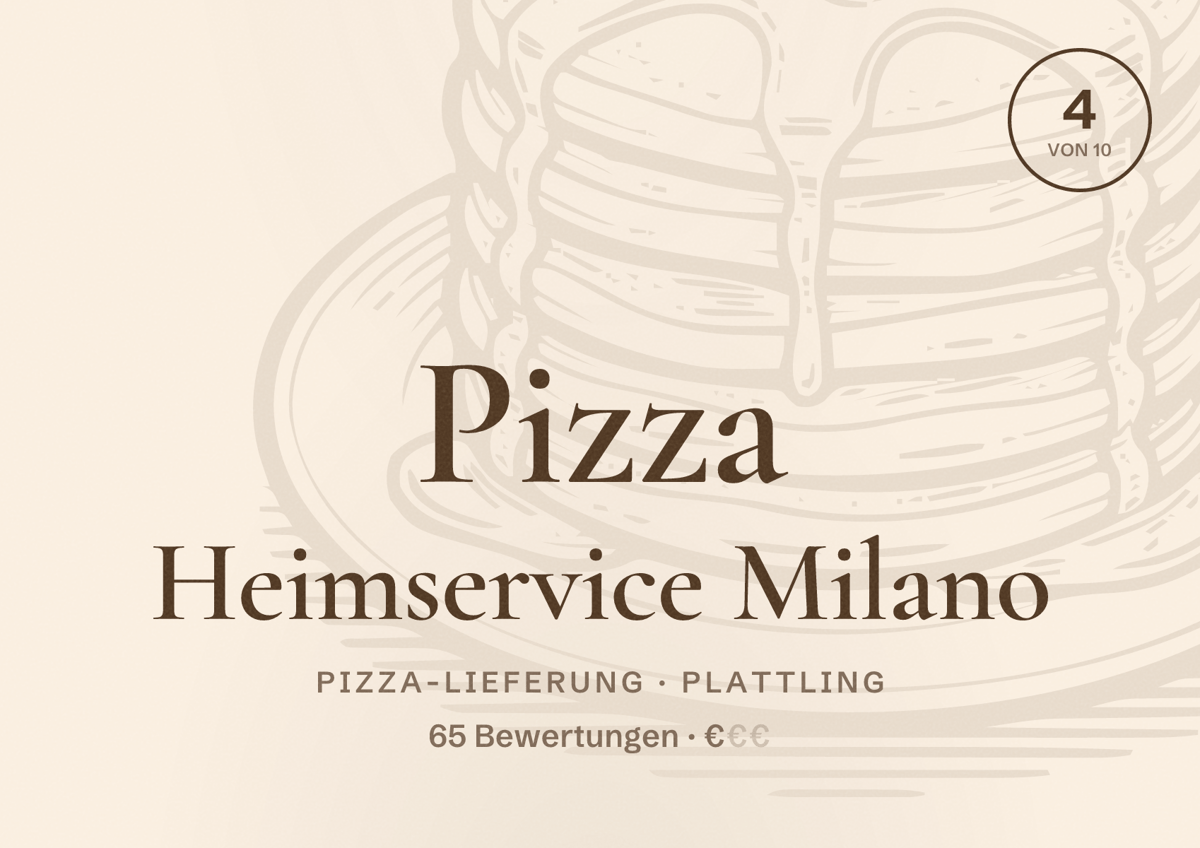 Illustriertes Poster von Pizza Heimservice Milano, Pizza-Lieferung in Plattling: Bewertung 4 von 10 aus 65 Bewertungen, Preisniveau €