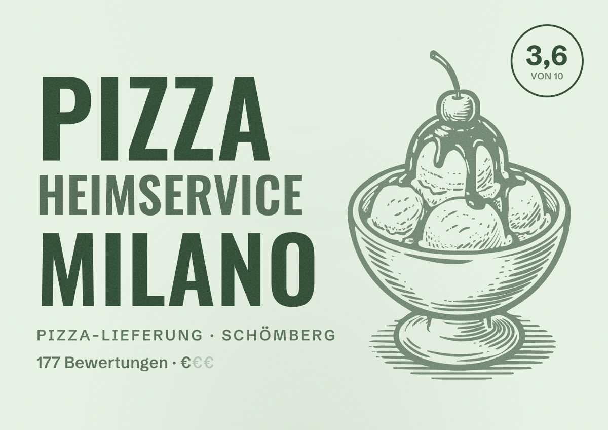 Illustriertes Poster von Pizza Heimservice Milano, Pizza-Lieferung in Schömberg: Bewertung 3,6 von 10 aus 177 Bewertungen, Preisniveau €