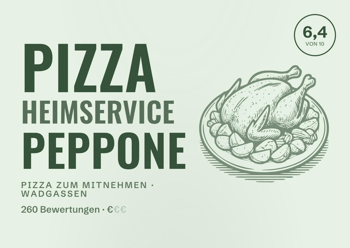 Illustriertes Poster von Pizza Heimservice Peppone, Pizza zum Mitnehmen in Wadgassen: Bewertung 6,4 von 10 aus 260 Bewertungen, Preisniveau €