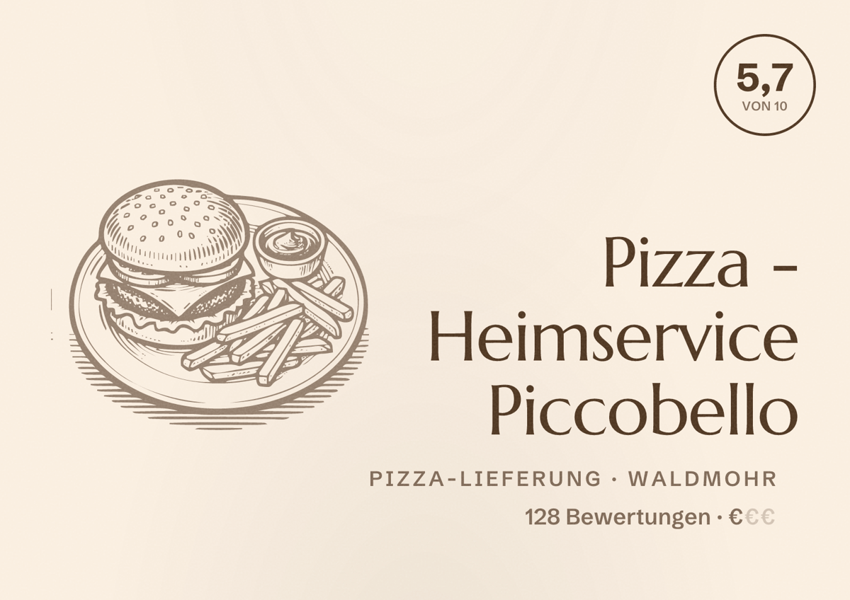 Illustriertes Poster von Pizza - Heimservice Piccobello, Pizza-Lieferung in Waldmohr: Bewertung 5,7 von 10 aus 128 Bewertungen, Preisniveau €
