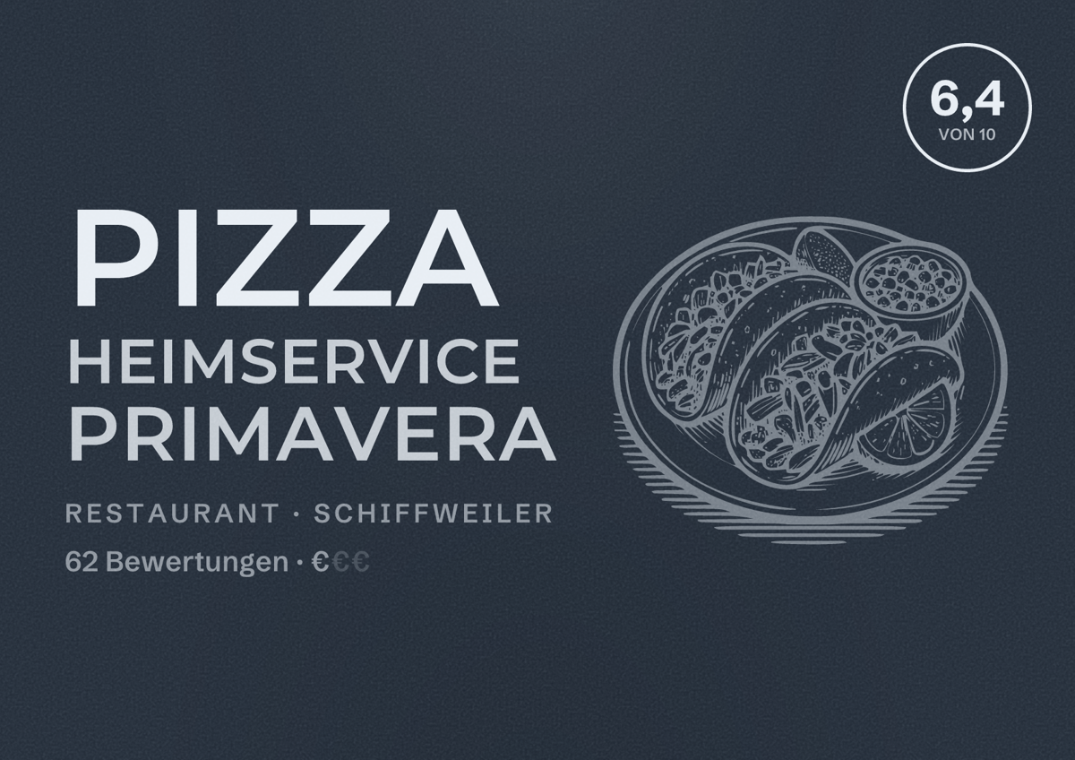 Illustriertes Poster von Pizza Heimservice Primavera, Restaurant in Schiffweiler: Bewertung 6,4 von 10 aus 62 Bewertungen, Preisniveau €