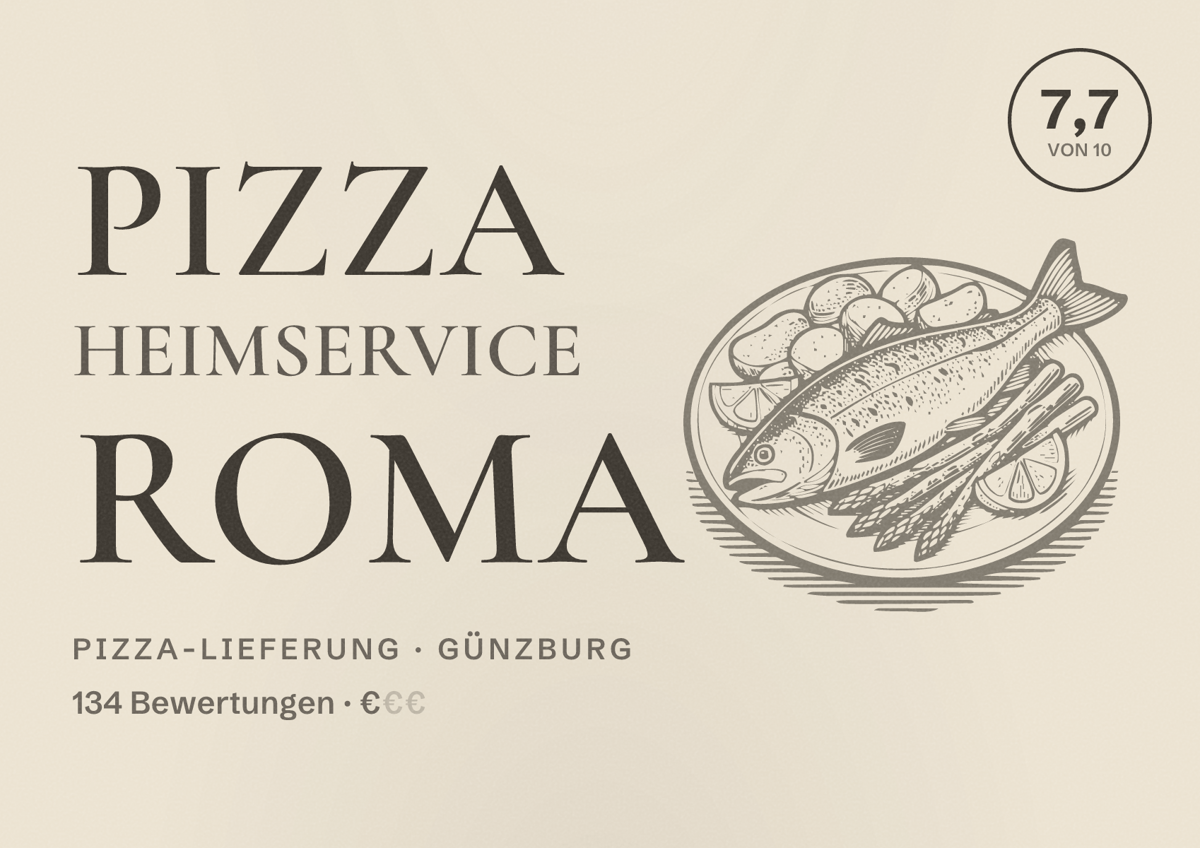 Illustriertes Poster von Pizza Heimservice Roma, Pizza-Lieferung in Günzburg: Bewertung 7,7 von 10 aus 134 Bewertungen, Preisniveau €