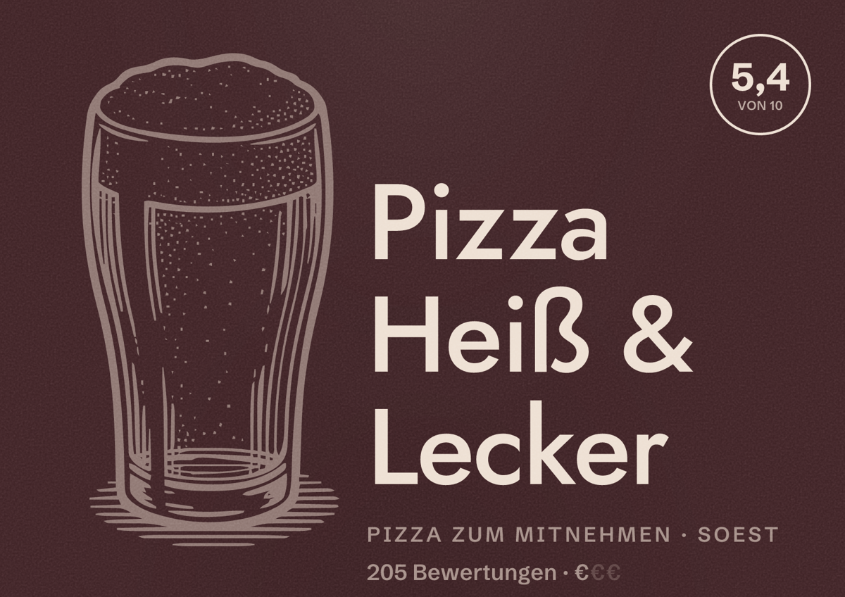 Illustriertes Poster von Pizza Heiß & Lecker, Pizza zum Mitnehmen in Soest: Bewertung 5,4 von 10 aus 205 Bewertungen, Preisniveau €