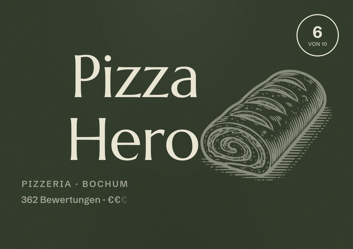 Illustriertes Poster von Pizza Hero, Pizzeria in Bochum: Bewertung 6 von 10 aus 362 Bewertungen, Preisniveau €€