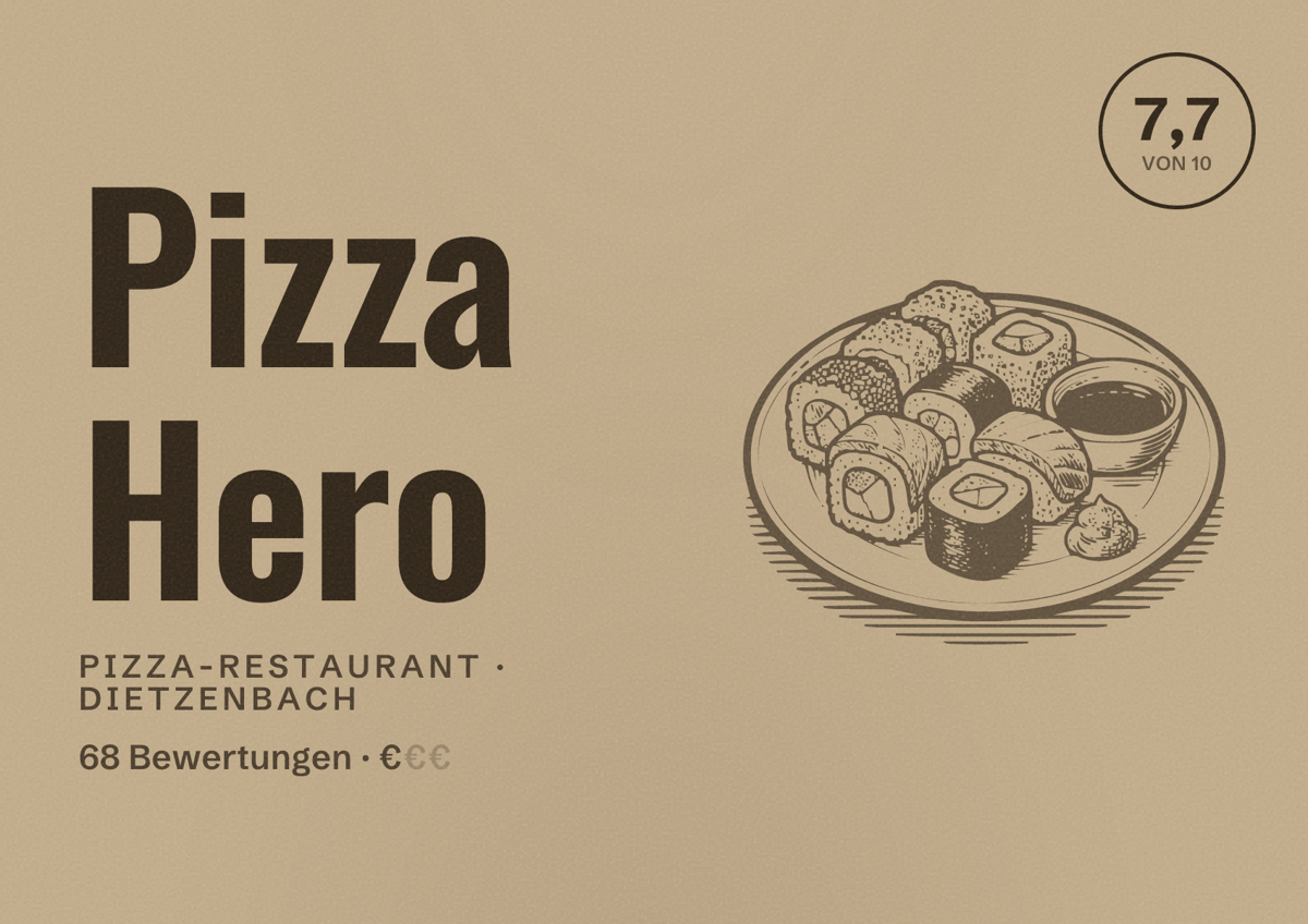 Illustriertes Poster von Pizza Hero, Pizza-Restaurant in Dietzenbach: Bewertung 7,7 von 10 aus 68 Bewertungen, Preisniveau €