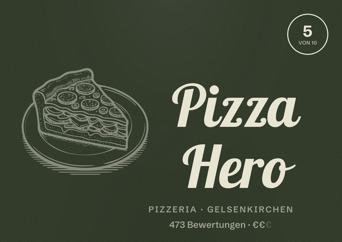 Illustriertes Poster von Pizza Hero, Pizzeria in Gelsenkirchen: Bewertung 5 von 10 aus 473 Bewertungen, Preisniveau €€