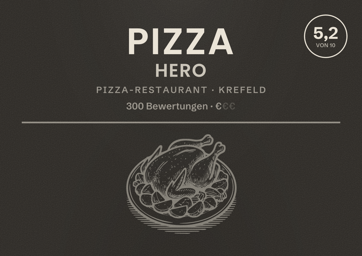 Illustriertes Poster von PIZZA HERO, Pizza-Restaurant in Krefeld: Bewertung 5,2 von 10 aus 300 Bewertungen, Preisniveau €