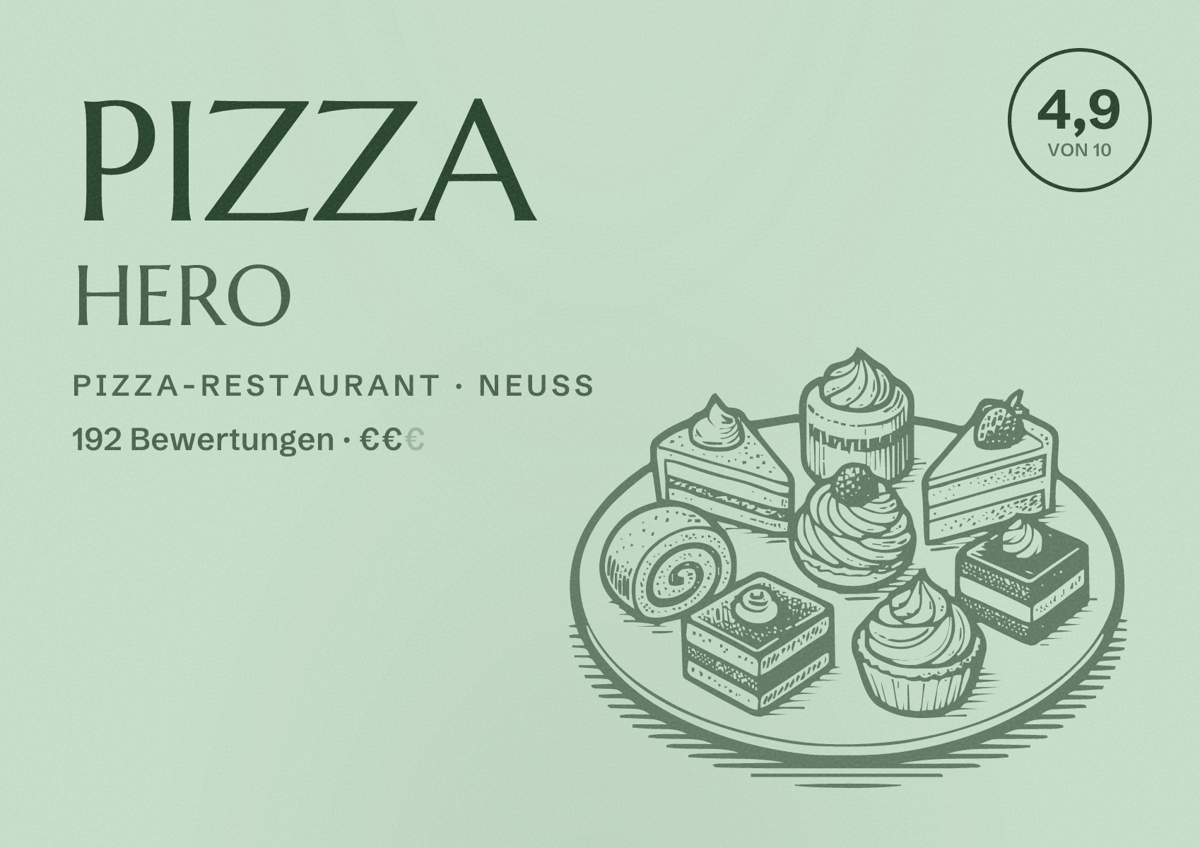 Illustriertes Poster von PIZZA HERO, Pizza-Restaurant in Neuss: Bewertung 4,9 von 10 aus 192 Bewertungen, Preisniveau €€