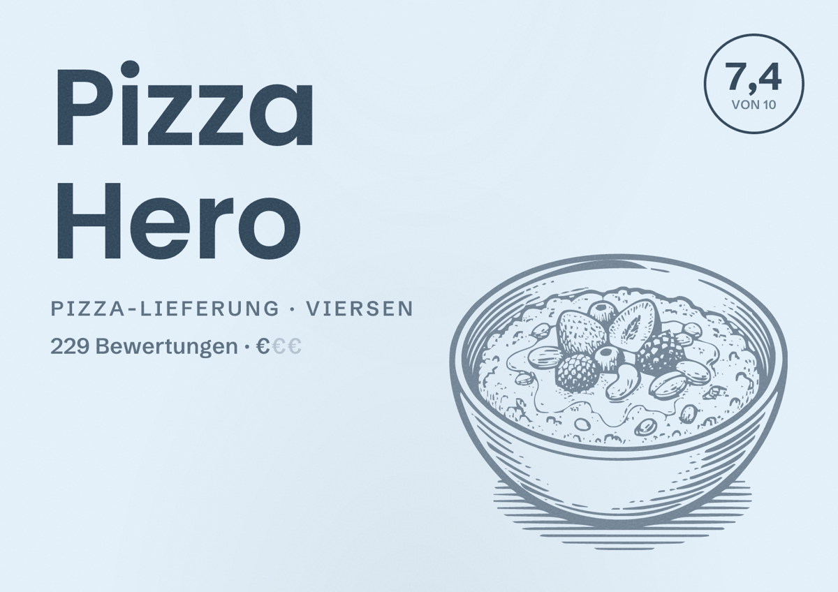 Illustriertes Poster von Pizza Hero, Pizza-Lieferung in Viersen: Bewertung 7,4 von 10 aus 229 Bewertungen, Preisniveau €