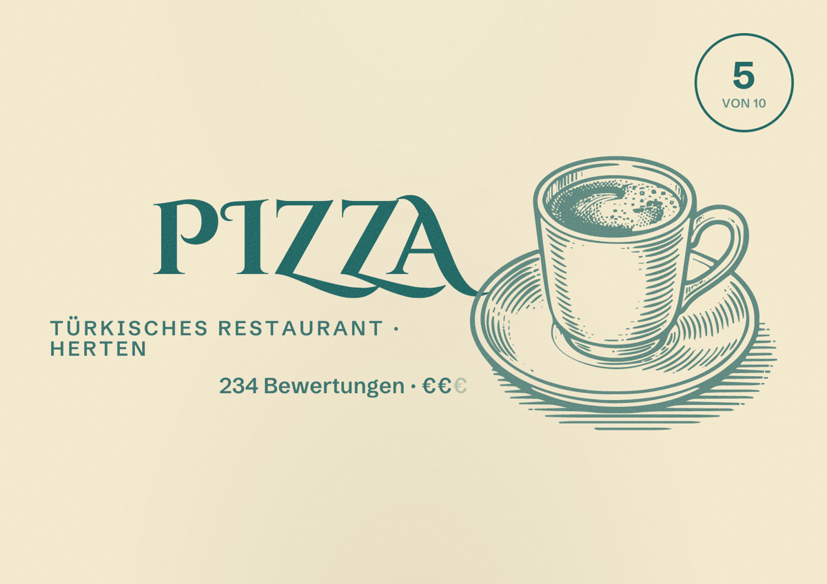 Illustriertes Poster von Pizza, Türkisches Restaurant in Herten: Bewertung 5 von 10 aus 234 Bewertungen, Preisniveau €€