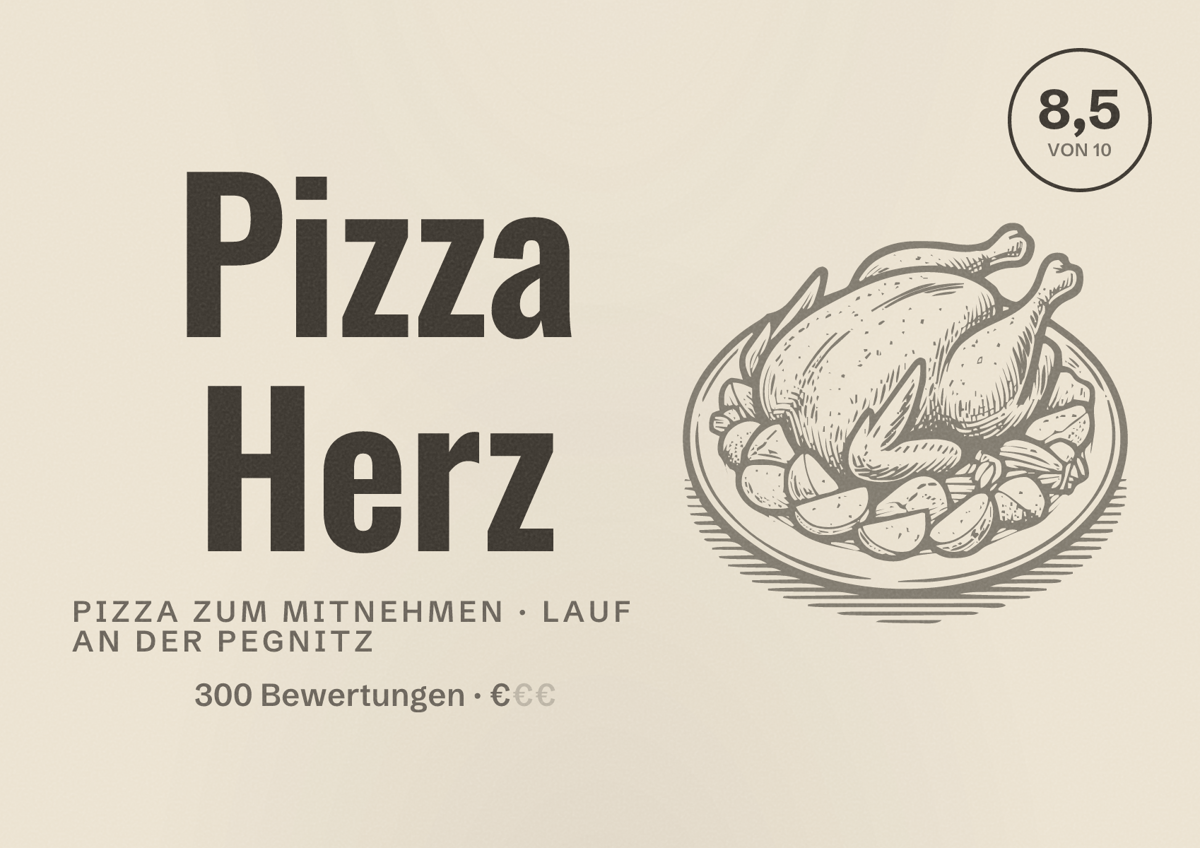 Illustriertes Poster von Pizza Herz, Pizza zum Mitnehmen in Lauf an der Pegnitz: Bewertung 8,5 von 10 aus 300 Bewertungen, Preisniveau €
