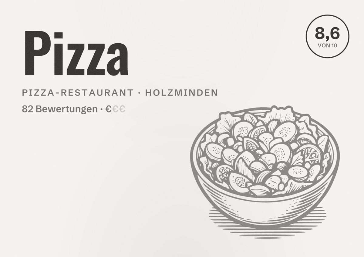 Illustriertes Poster von Pizza, Pizza-Restaurant in Holzminden: Bewertung 8,6 von 10 aus 82 Bewertungen, Preisniveau €