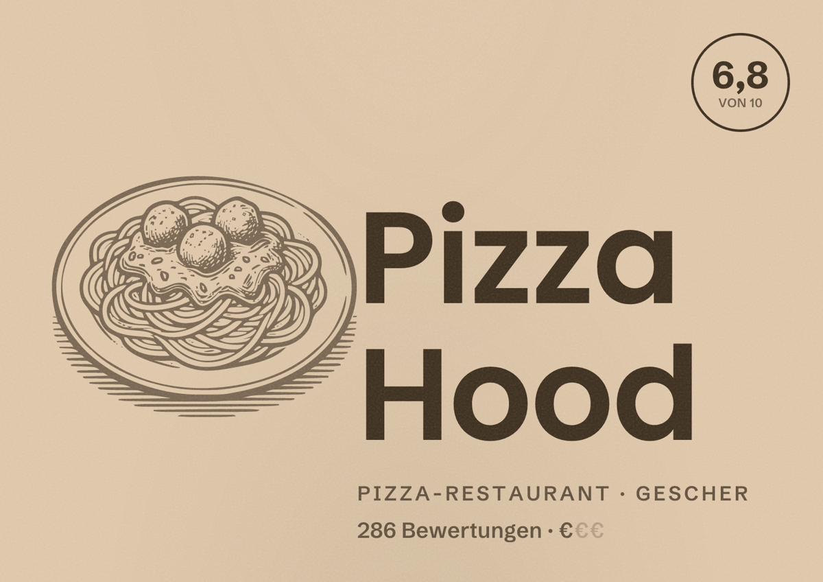 Illustriertes Poster von Pizza Hood, Pizza-Restaurant in Gescher: Bewertung 6,8 von 10 aus 286 Bewertungen, Preisniveau €