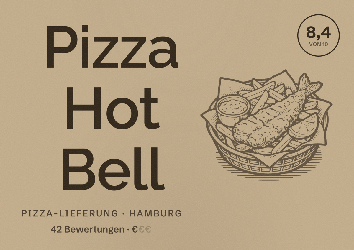 Illustriertes Poster von Pizza Hot Bell, Pizza-Lieferung in Hamburg: Bewertung 8,4 von 10 aus 42 Bewertungen, Preisniveau €