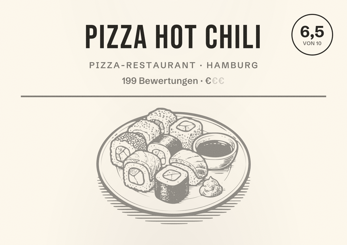 Illustriertes Poster von Pizza Hot Chili, Pizza-Restaurant in Hamburg: Bewertung 6,5 von 10 aus 199 Bewertungen, Preisniveau €