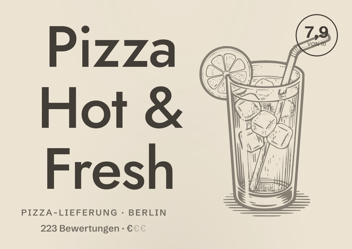 Illustriertes Poster von Pizza Hot & Fresh, Pizza-Lieferung in Berlin: Bewertung 7,9 von 10 aus 223 Bewertungen, Preisniveau €