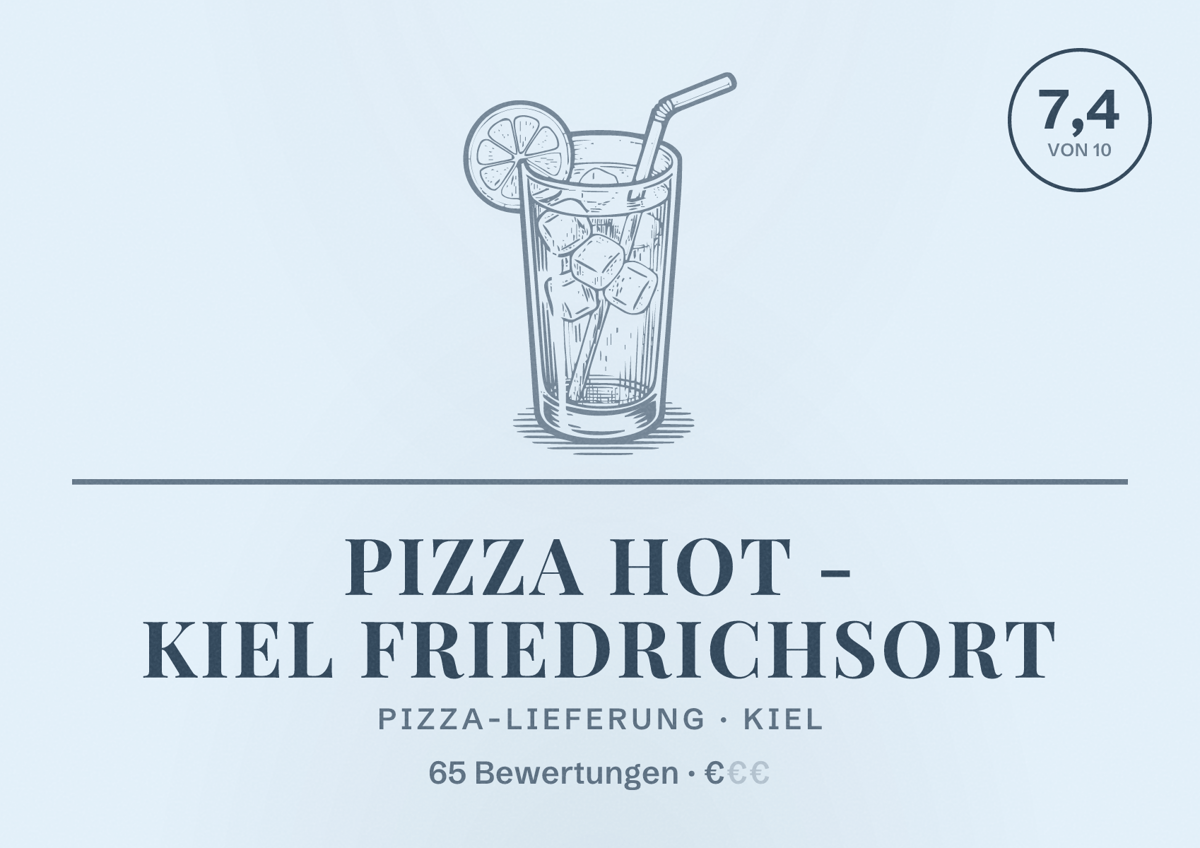 Illustriertes Poster von Pizza Hot - Kiel Friedrichsort, Pizza-Lieferung in Kiel: Bewertung 7,4 von 10 aus 65 Bewertungen, Preisniveau €