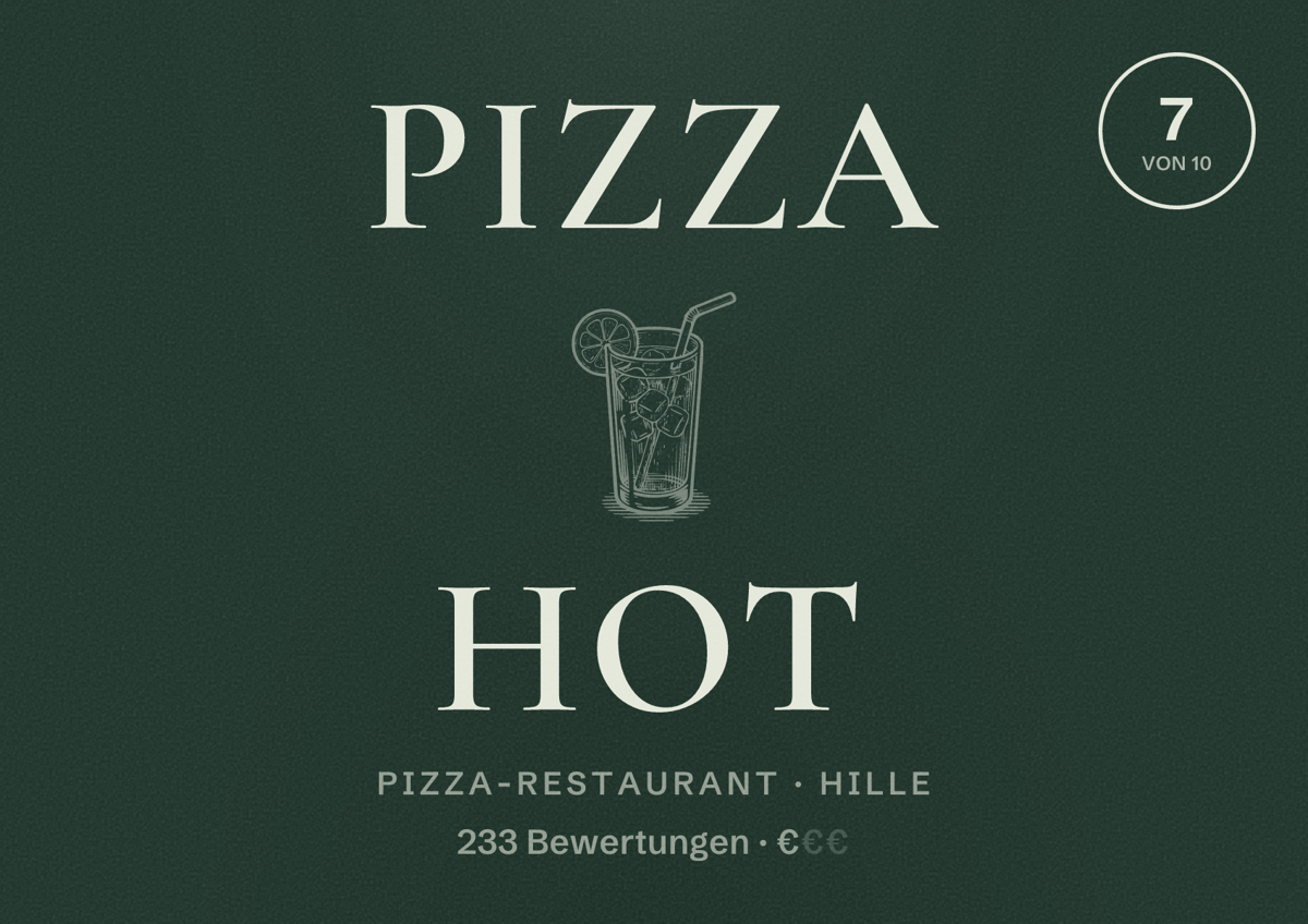 Illustriertes Poster von Pizza Hot, Pizza-Restaurant in Hille: Bewertung 7 von 10 aus 233 Bewertungen, Preisniveau €