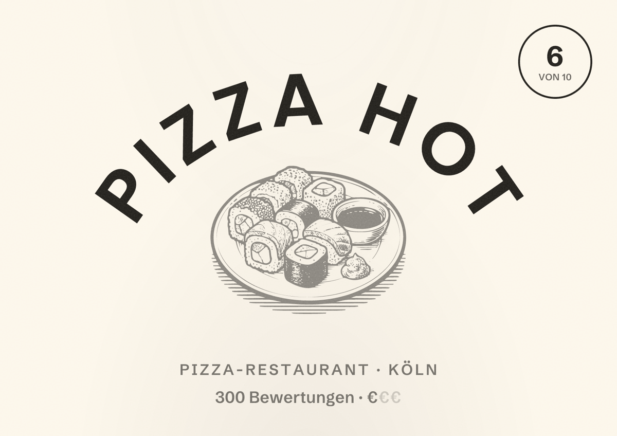 Illustriertes Poster von Pizza Hot, Pizza-Restaurant in Köln: Bewertung 6,0 von 10 aus 300 Bewertungen, Preisniveau €