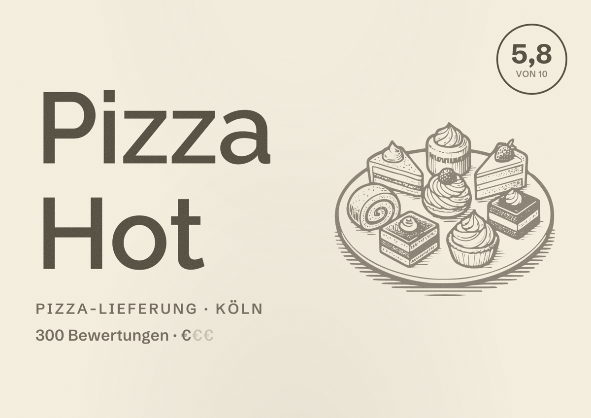Illustriertes Poster von Pizza Hot, Pizza-Lieferung in Köln: Bewertung 5,8 von 10 aus 300 Bewertungen, Preisniveau €