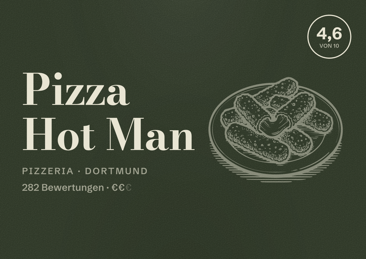 Illustriertes Poster von Pizza Hot Man, Pizzeria in Dortmund: Bewertung 4,6 von 10 aus 282 Bewertungen, Preisniveau €€