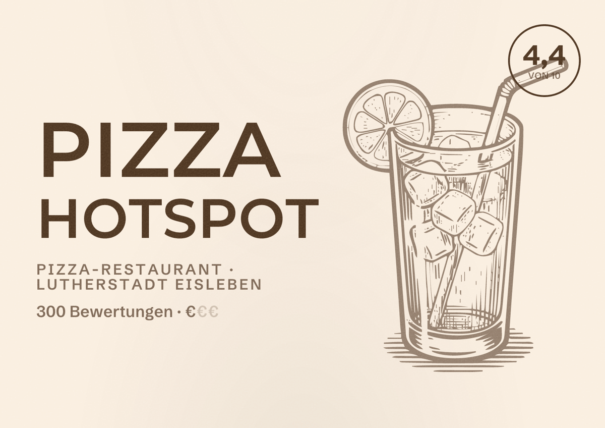 Illustriertes Poster von Pizza Hotspot, Pizza-Restaurant in Lutherstadt Eisleben: Bewertung 4,4 von 10 aus 300 Bewertungen, Preisniveau €