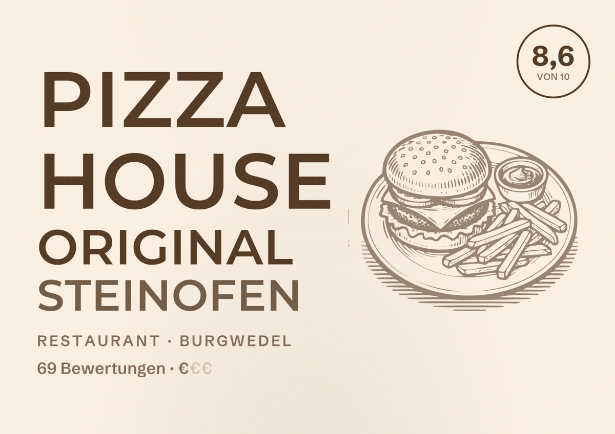 Illustriertes Poster von Pizza House Original Steinofen, Restaurant in Burgwedel: Bewertung 8,6 von 10 aus 69 Bewertungen, Preisniveau €
