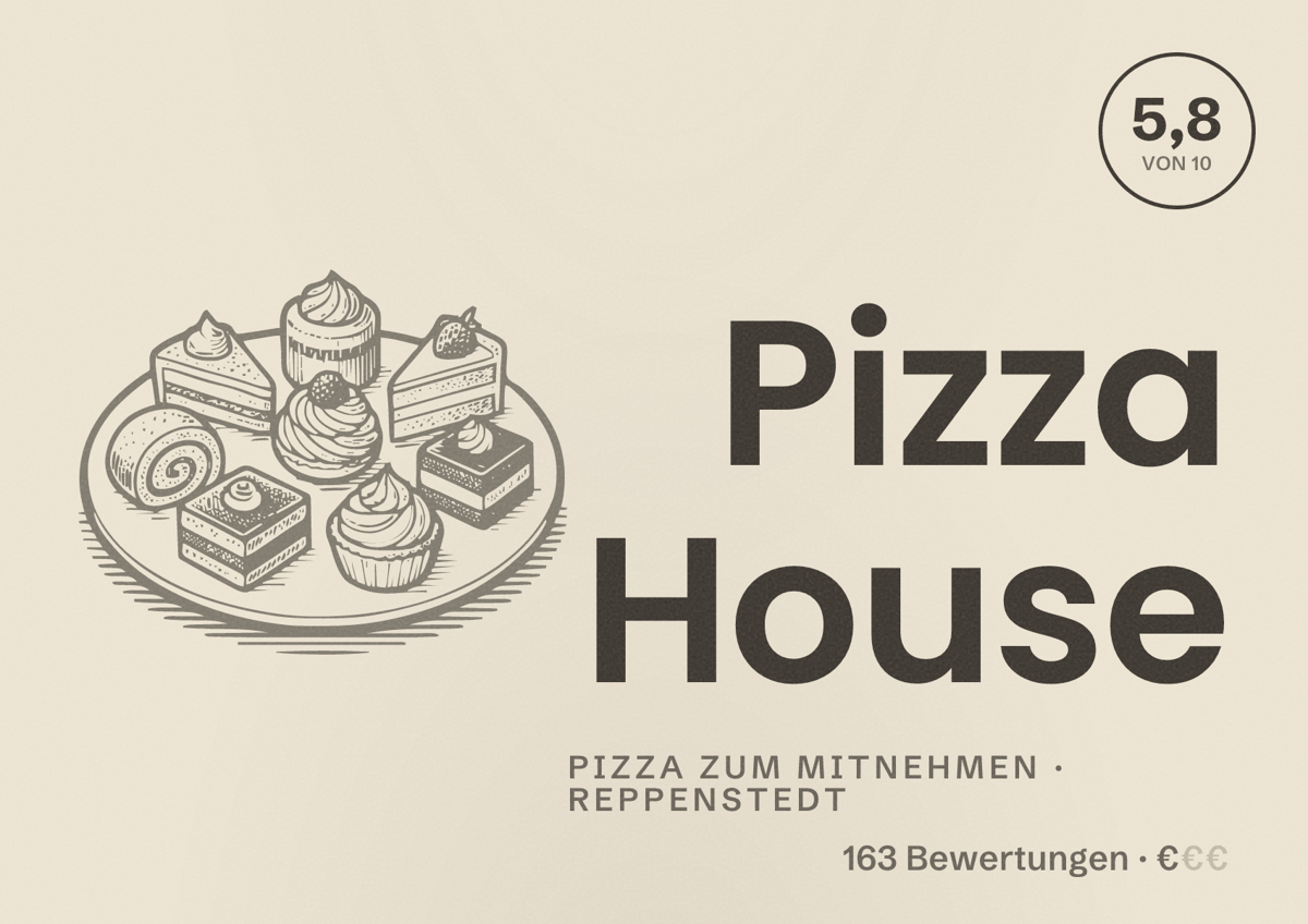 Illustriertes Poster von Pizza House, Pizza zum Mitnehmen in Reppenstedt: Bewertung 5,8 von 10 aus 163 Bewertungen, Preisniveau €