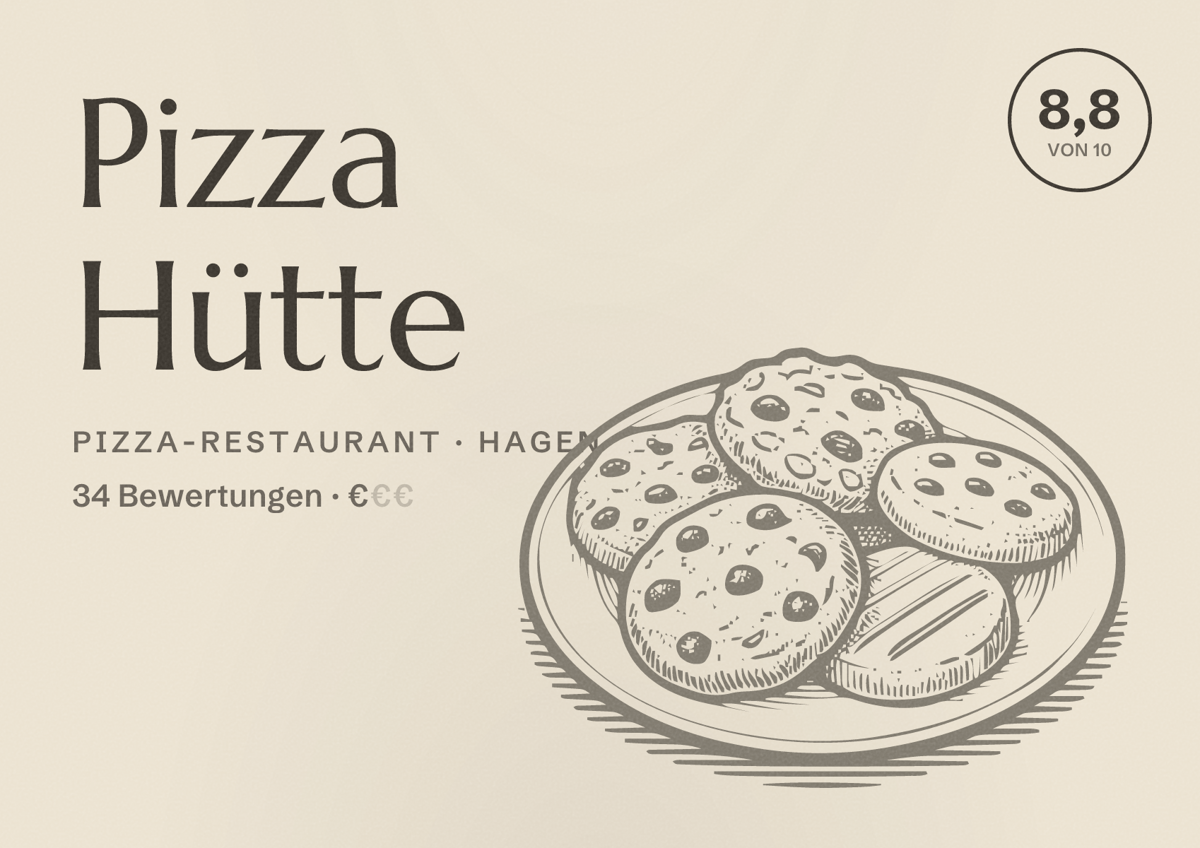 Illustriertes Poster von Pizza Hütte, Pizza-Restaurant in Hagen: Bewertung 8,8 von 10 aus 34 Bewertungen, Preisniveau €