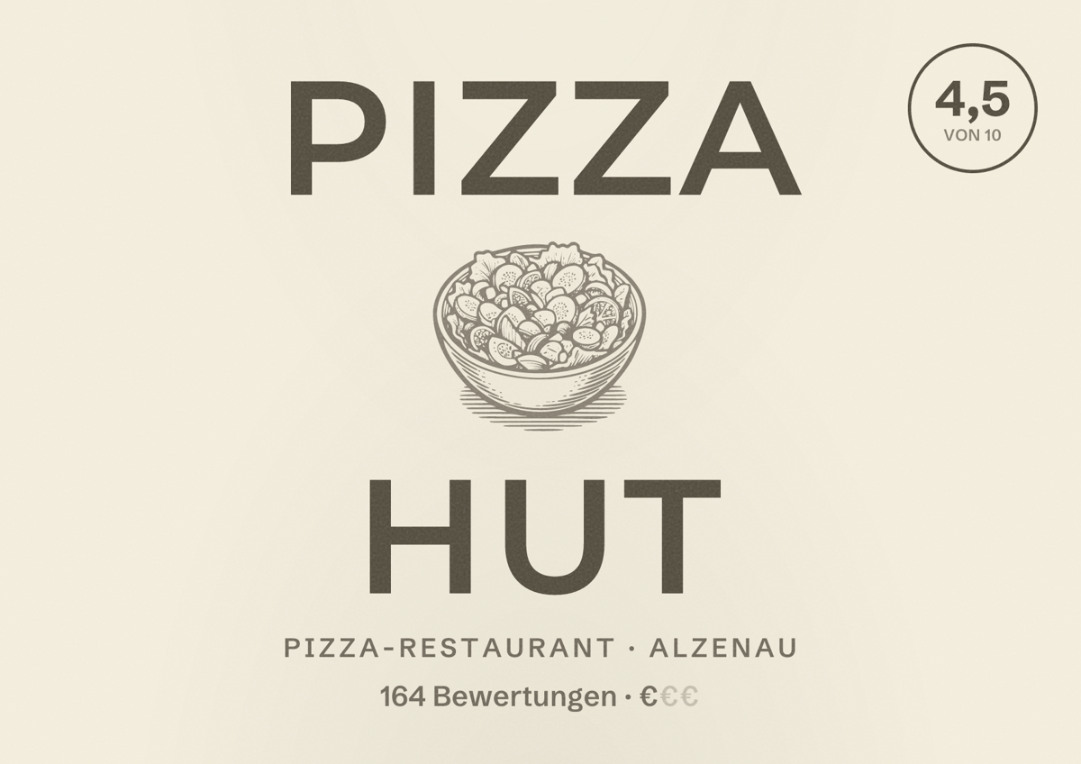 Illustriertes Poster von Pizza Hut, Pizza-Restaurant in Alzenau: Bewertung 4,5 von 10 aus 164 Bewertungen, Preisniveau €