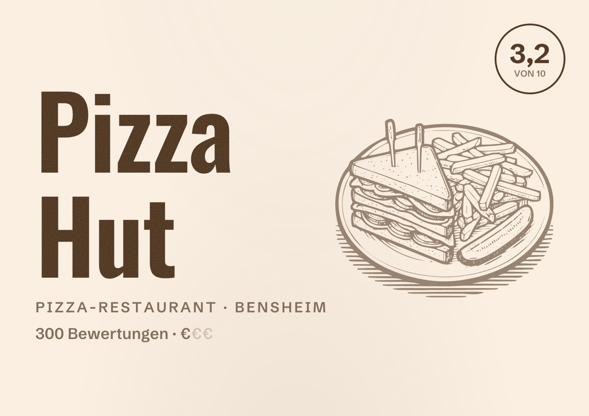 Illustriertes Poster von Pizza Hut, Pizza-Restaurant in Bensheim: Bewertung 3,2 von 10 aus 300 Bewertungen, Preisniveau €