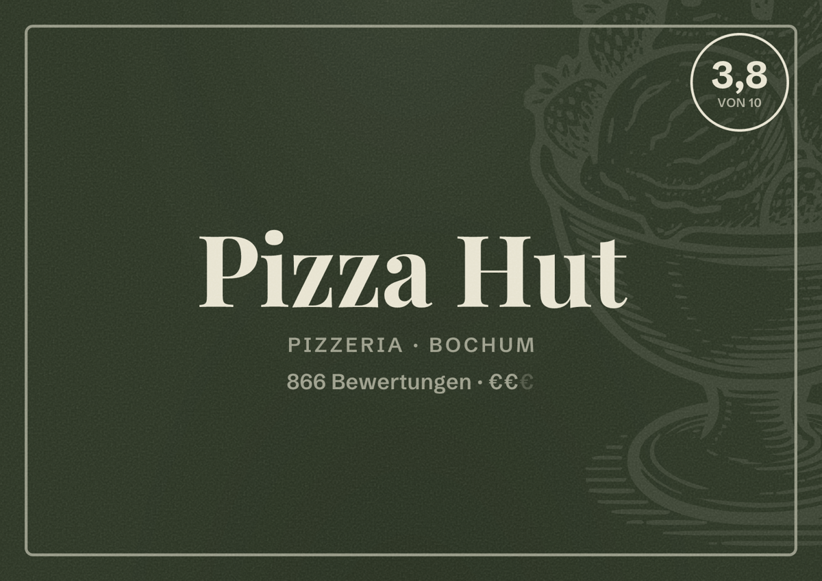 Illustriertes Poster von Pizza Hut, Pizzeria in Bochum: Bewertung 3,8 von 10 aus 866 Bewertungen, Preisniveau €€
