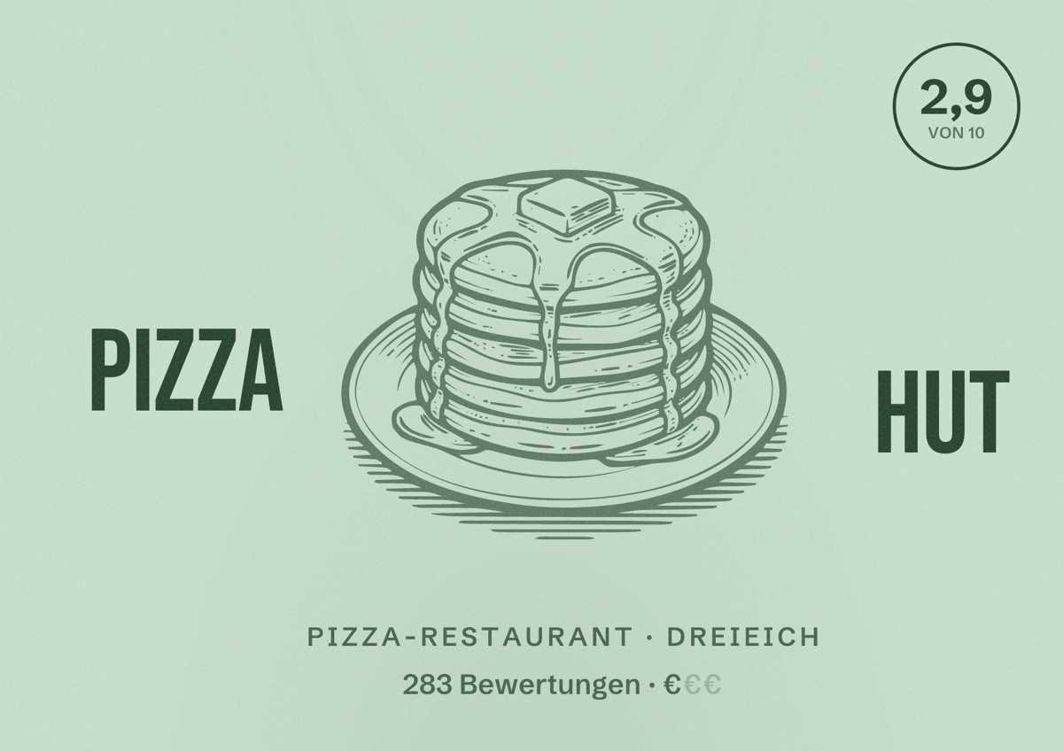 Illustriertes Poster von Pizza Hut, Pizza-Restaurant in Dreieich: Bewertung 2,9 von 10 aus 283 Bewertungen, Preisniveau €