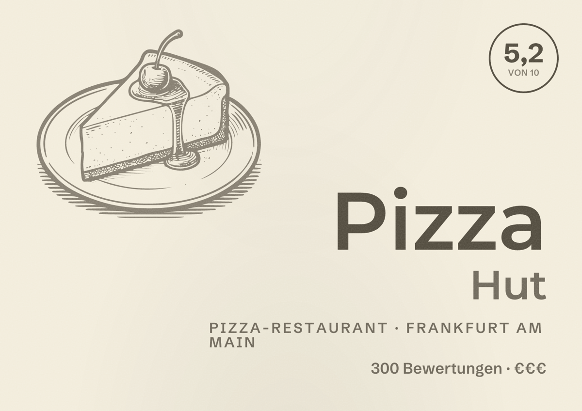 Illustriertes Poster von Pizza Hut, Pizza-Restaurant in Frankfurt am Main: Bewertung 5,2 von 10 aus 300 Bewertungen, Preisniveau €€€