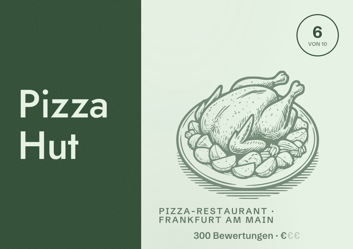 Illustriertes Poster von Pizza Hut, Pizza-Restaurant in Frankfurt am Main: Bewertung 6,0 von 10 aus 300 Bewertungen, Preisniveau €