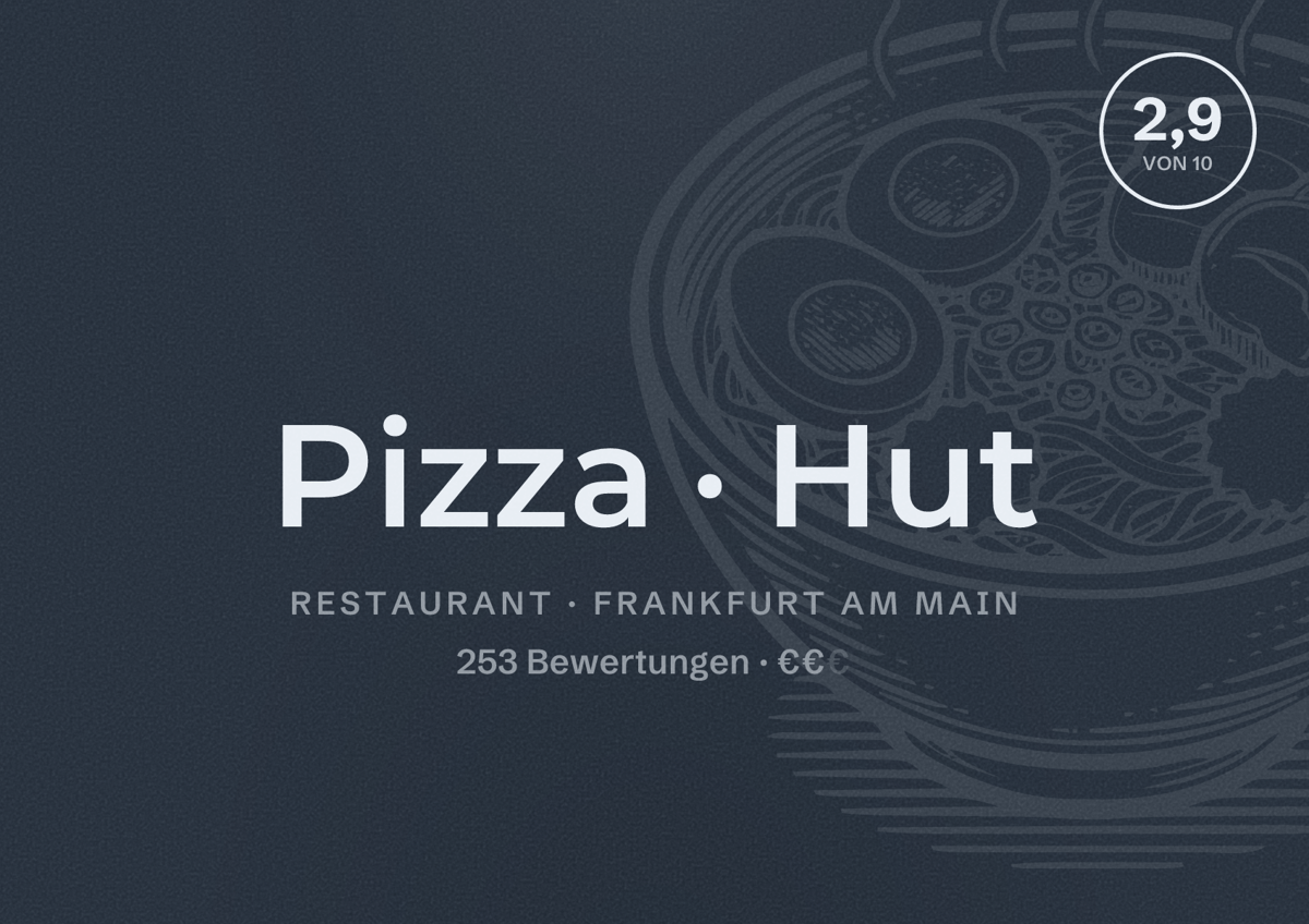 Illustriertes Poster von Pizza Hut, Restaurant in Frankfurt am Main: Bewertung 2,9 von 10 aus 253 Bewertungen, Preisniveau €€