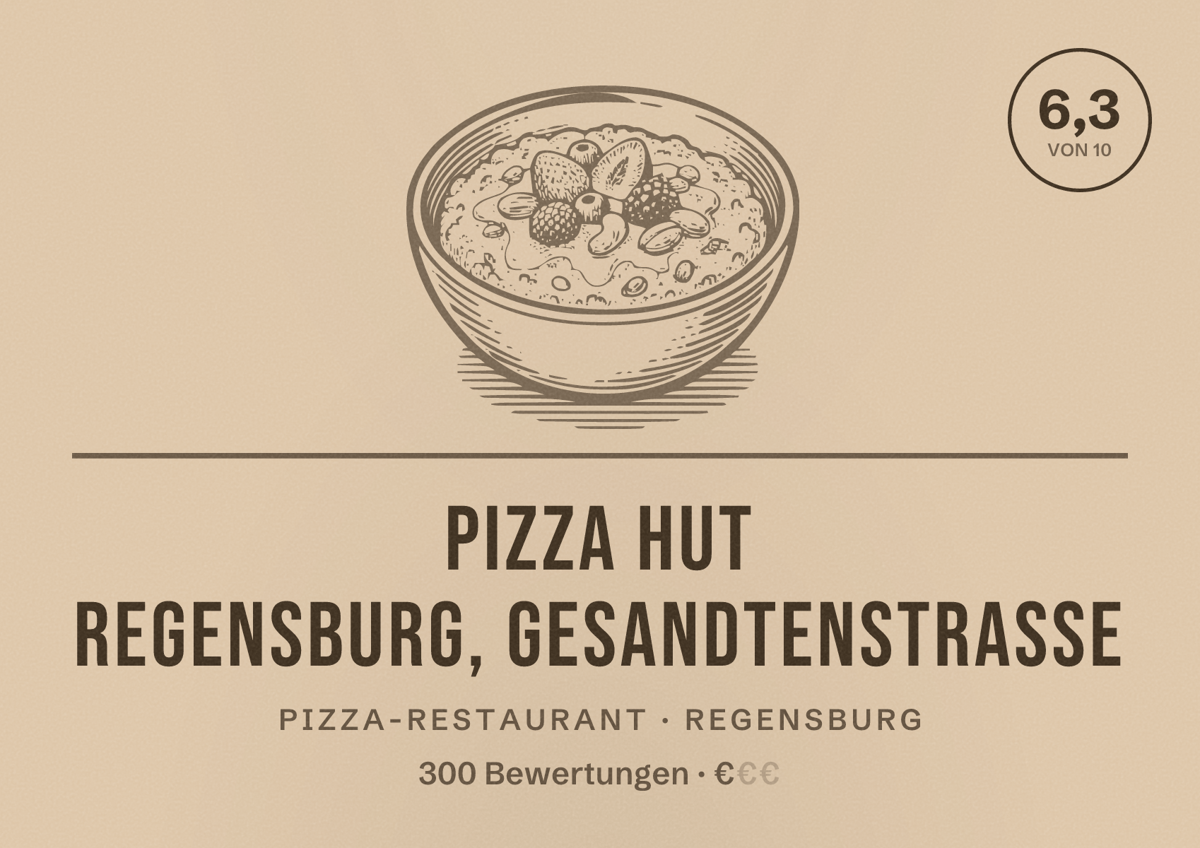 Illustriertes Poster von Pizza Hut Regensburg, Gesandtenstraße, Pizza-Restaurant in Regensburg: Bewertung 6,3 von 10 aus 300 Bewertungen, Preisniveau €